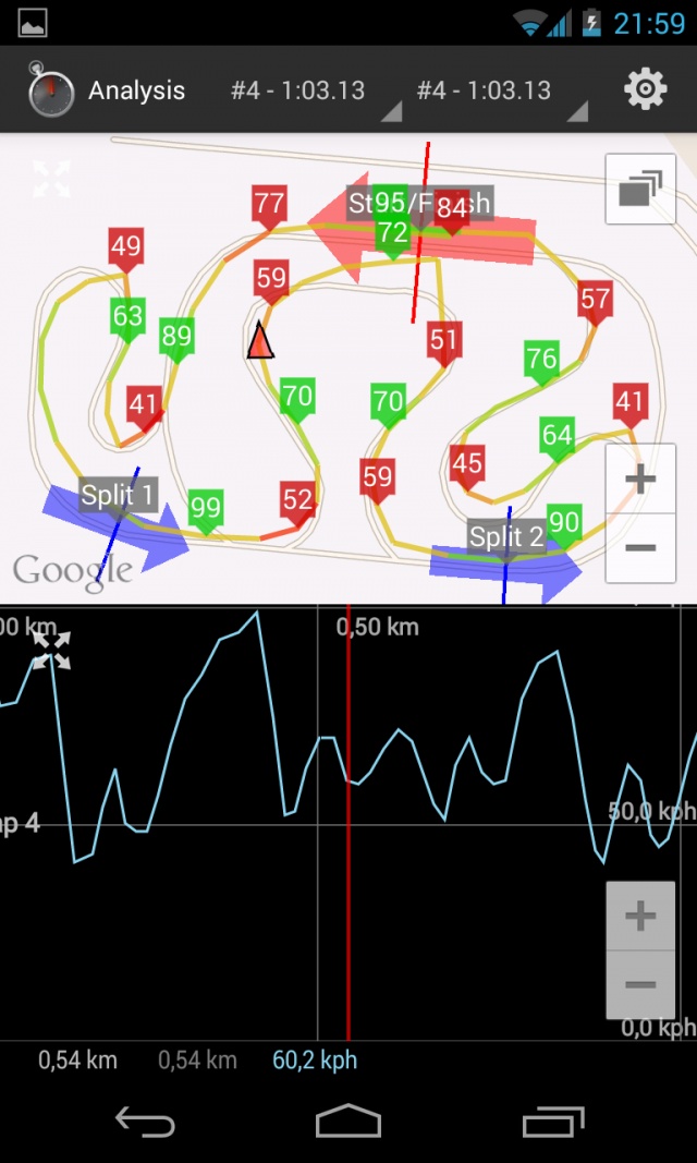 Schemat i wykres okrążenia pomiarowego na torze w Lublinie w aplikacji RaceChrono